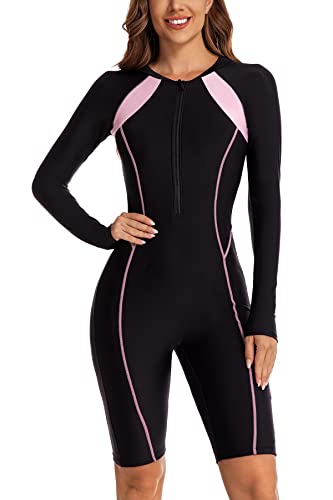 Ecupper Damen Badeanzug Einteiler Rash Guard Zip Up Lange Ärmel Surfen Bademode Gebaut in BH Badeanzüge Reißverschluss(Neoprenfrei) Schwarz-I XL von Ecupper