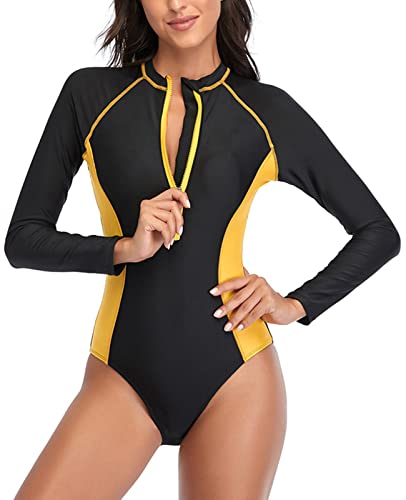 Ecupper Damen Badeanzug Langärmelig Reißverschluss Bademode Swimsuit Für Surfen Schwimmen Shorty Surfing Gelb XXL von Ecupper