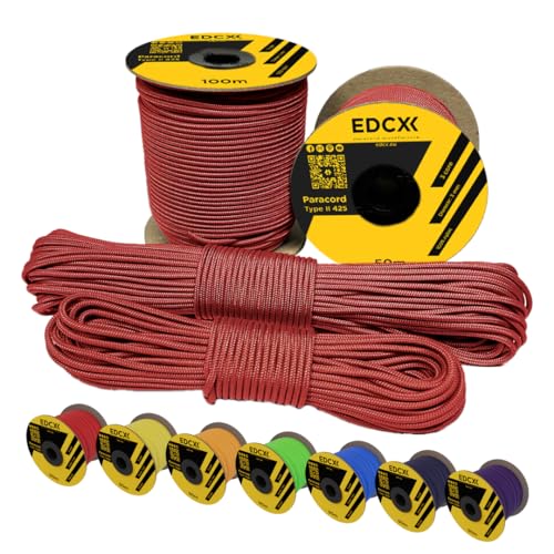 EDCX 3mm Nylon Paracord 425 (50 und 100m) - Typ II, 100% Nylonseil, 3 Litzen Seil, 3mm Nylonseil in vielen Farben| Solid Color (Red, 50 m) von EdcX