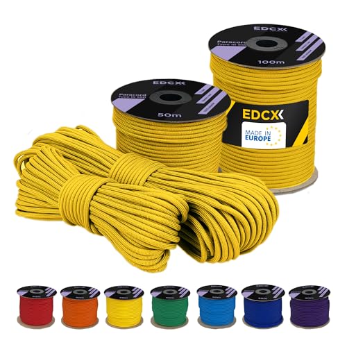 EDCX 4 mm Polyester Paracord 550 25+ Farben (15, 30 und 50 m) – Typ III, 100% Nylonseil, 7 Litzen Seil, 4mm Nylonseil in vielen Farben | Solid Colors (Bright Yellow, 15 m) von EdcX