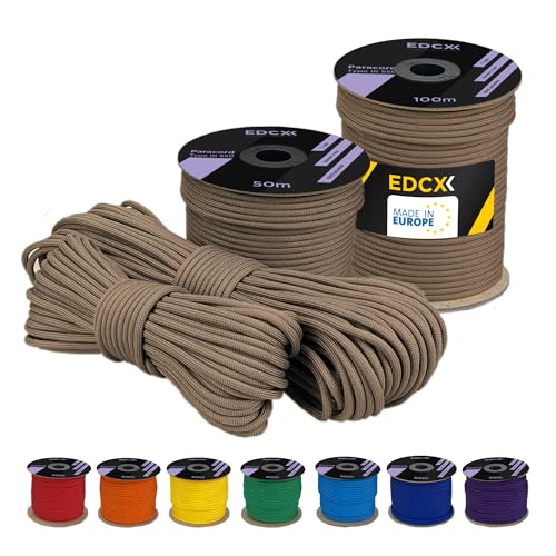 EDCX 4 mm Polyester Paracord 550 25+ Farben (15, 30 und 50 m) – Typ III, 100% Nylonseil, 7 Litzen Seil, 4mm Nylonseil in vielen Farben | Solid Colors (Caramel, 50 m) von EdcX