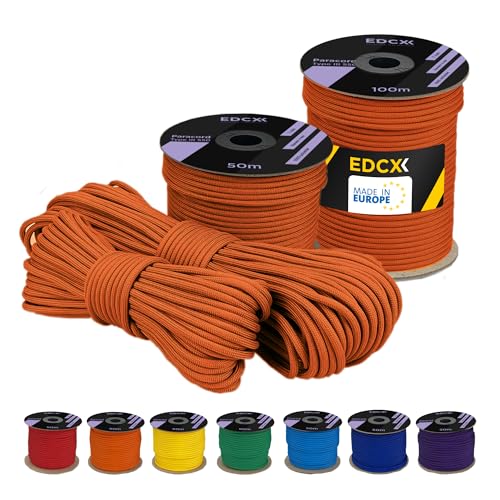 EdcX 4 mm Polyester Paracord 550 25+ Farben (15, 30 und 50 m) – Typ III, 100% Nylonseil, 7 Litzen Seil, 4mm Nylonseil in vielen Farben | Solid Colors (Carrot, 15 m) von EdcX