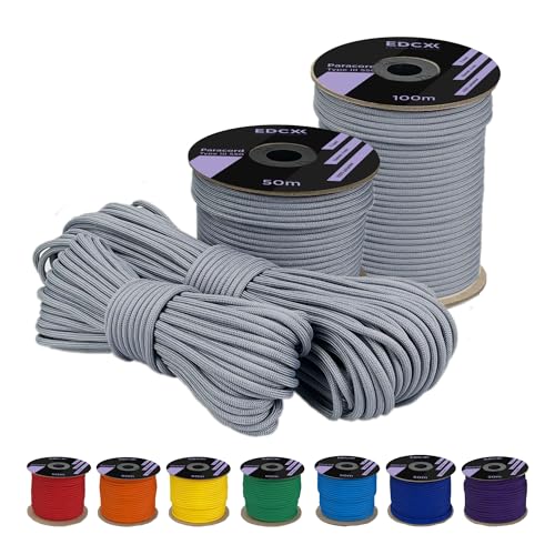 EDCX 4 mm Polyester Paracord 550 25+ Farben (15, 30 und 50 m) – Typ III, 100% Nylonseil, 7 Litzen Seil, 4mm Nylonseil in vielen Farben | Solid Colors (Gray, 50 m) von EdcX