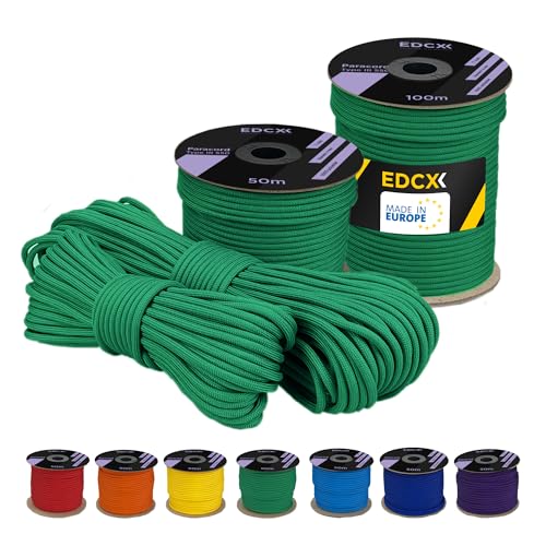 EDCX 4 mm Polyester Paracord 550 25+ Farben (15, 30 und 50 m) – Typ III, 100% Nylonseil, 7 Litzen Seil, 4mm Nylonseil in vielen Farben | Solid Colors (Green Meadow, 50 m) von EdcX