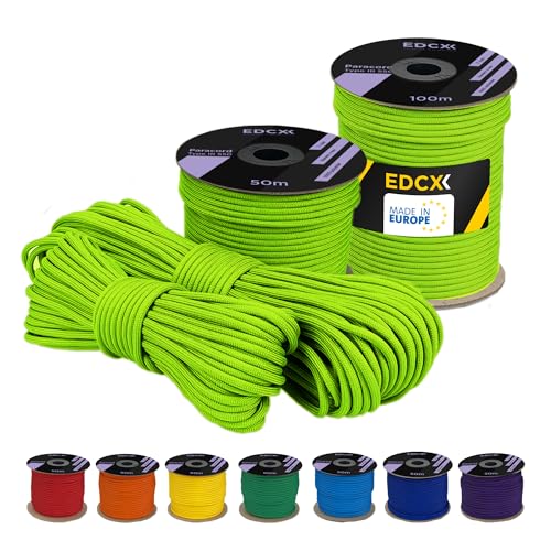EDCX 4 mm Polyester Paracord 550 25+ Farben (15, 30 und 50 m) – Typ III, 100% Nylonseil, 7 Litzen Seil, 4mm Nylonseil in vielen Farben | Solid Colors (Neon Green, 15 m) von EdcX
