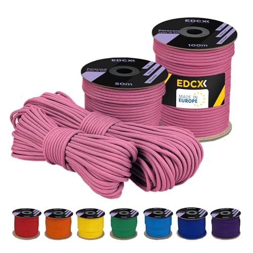 EdcX 4 mm Polyester Paracord 550 25+ Farben (15, 30 und 50 m) – Typ III, 100% Nylonseil, 7 Litzen Seil, 4mm Nylonseil in vielen Farben | Solid Colors (Pink, 30 m) von EdcX