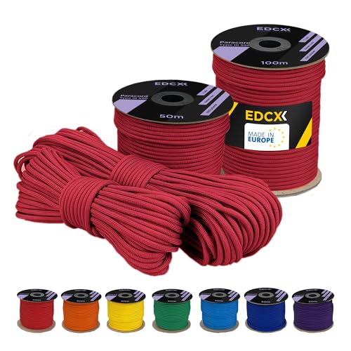 EdcX 4 mm Polyester Paracord 550 25+ Farben (15, 30 und 50 m) – Typ III, 100% Nylonseil, 7 Litzen Seil, 4mm Nylonseil in vielen Farben | Solid Colors (Red, 30 m) von EdcX