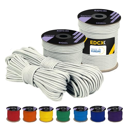 EdcX 4 mm Polyester Paracord 550 25+ Farben (15, 30 und 50 m) – Typ III, 100% Nylonseil, 7 Litzen Seil, 4mm Nylonseil in vielen Farben | Solid Colors (White, 15 m) von EdcX
