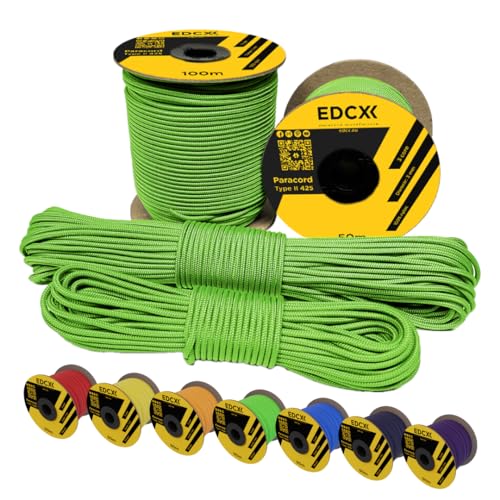 EdcX 3mm Nylon Paracord 425 (50 und 100m) - Typ II, 100% Nylonseil, 3 Litzen Seil, 3mm Nylonseil in vielen Farben| Solid Color (Neon Green, 50 m) von EdcX
