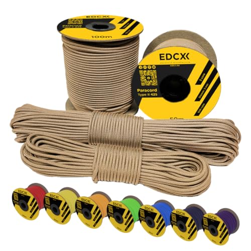 EDCX 3mm Nylon Paracord 425 (50 und 100m) - Typ II, 100% Nylonseil, 3 Litzen Seil, 3mm Nylonseil in vielen Farben| Solid Color (Tan, 50 m) von EdcX