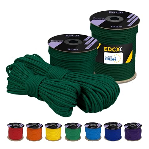 EdcX 4 mm Polyester Paracord 550 25+ Farben (15, 30 und 50 m) – Typ III, 100% Nylonseil, 7 Litzen Seil, 4mm Nylonseil in vielen Farben | Solid Colors (Emerald, 15 m) von EdcX