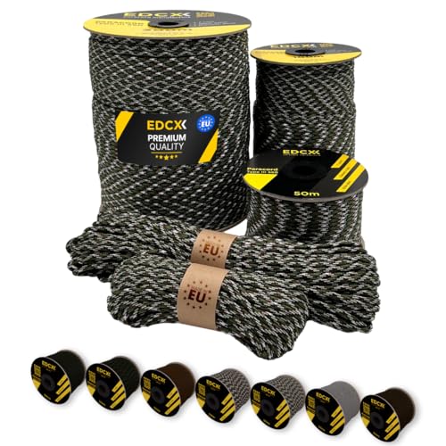 EdcX Paracord 4 mm, 20+ Militärfarben (15 m, 30 m, 50 m, 100 m, 300 m) | Ideal zum Basteln, Camping, Outdoor | 100% Nylonseil 4 mm | Taktische Kordel 550 Typ III (French Camo, 50 m) von EdcX