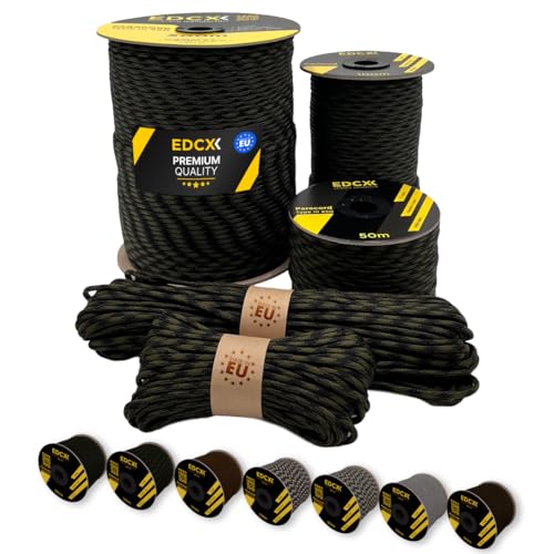 EdcX Paracord 4 mm, 20+ Militärfarben (15 m, 30 m, 50 m, 100 m, 300 m) | Ideal zum Basteln, Camping, Outdoor | 100% Nylonseil 4 mm | Taktische Kordel 550 Typ III (Black Forest, 300 m) von EdcX