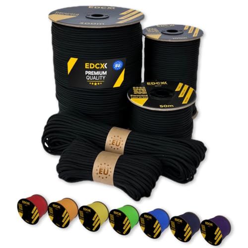 EdcX Paracord 4 mm, 35+ Volltonfarben (10 m, 15 m, 30 m, 50 m, 100 m, 300 m) | Ideal zum Basteln, Camping, Outdoor | 100% Nylonseil 4 mm| Taktische Schnur 550 Typ III (Black, 30 m) von EdcX