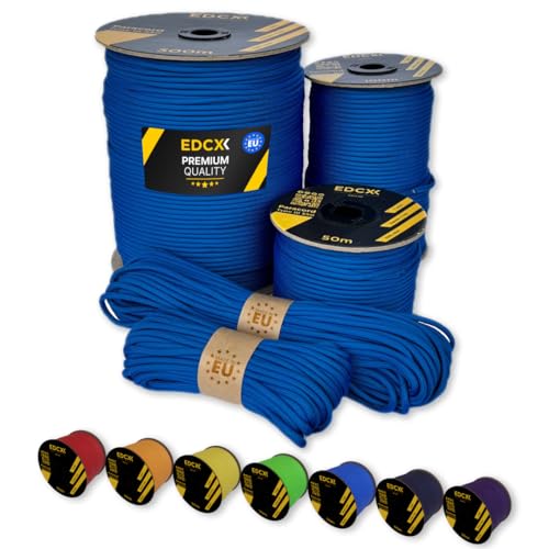 EdcX Paracord 4 mm, 35+ Volltonfarben (10 m, 15 m, 30 m, 50 m, 100 m, 300 m) | Ideal zum Basteln, Camping, Outdoor | 100% Nylonseil 4 mm| Taktische Schnur 550 Typ III (Blue, 100 m) von EdcX