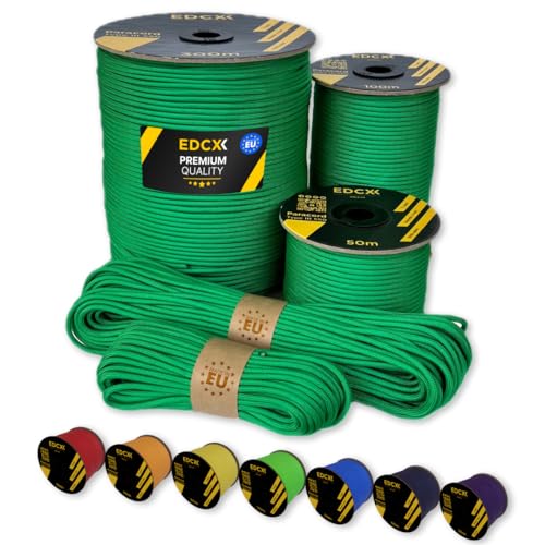 EdcX Paracord 4 mm, 35+ Volltonfarben (10 m, 15 m, 30 m, 50 m, 100 m, 300 m) | Ideal zum Basteln, Camping, Outdoor | 100% Nylonseil 4 mm| Taktische Schnur 550 Typ III (Green, 10 m) von EdcX