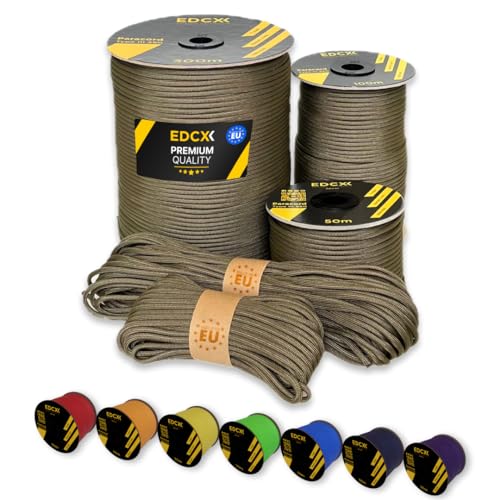 EdcX Paracord 4 mm, 35+ Volltonfarben (10 m, 15 m, 30 m, 50 m, 100 m, 300 m) | Ideal zum Basteln, Camping, Outdoor | 100% Nylonseil 4 mm| Taktische Schnur 550 Typ III (Light Khaki, 30 m) von EdcX