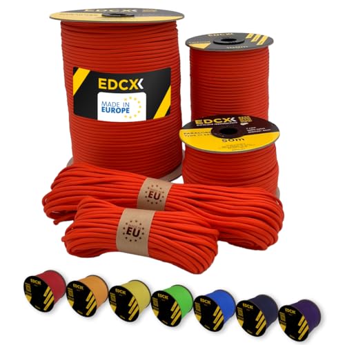 EdcX Paracord 4 mm, 35+ Volltonfarben (10 m, 15 m, 30 m, 50 m, 100 m, 300 m) | Ideal zum Basteln, Camping, Outdoor | 100% Nylonseil 4 mm| Taktische Schnur 550 Typ III (Light Red, 10 m) von EdcX