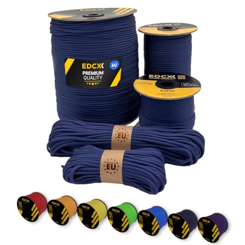 EdcX Paracord 4 mm, 35+ Volltonfarben (10 m, 15 m, 30 m, 50 m, 100 m, 300 m) | Ideal zum Basteln, Camping, Outdoor | 100% Nylonseil 4 mm| Taktische Schnur 550 Typ III (Navy Blue, 15 m) von EdcX