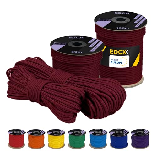 EdcX 4 mm Polyester Paracord 550 25+ Farben (15, 30 und 50 m) – Typ III, 100% Nylonseil, 7 Litzen Seil, 4mm Nylonseil in vielen Farben | Solid Colors (Wine, 50 m) von EdcX