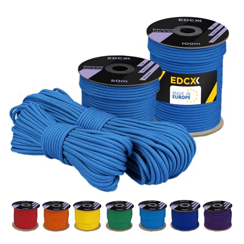 EdcX 4 mm Polyester Paracord 550 25+ Farben (15, 30 und 50 m) – Typ III, 100% Nylonseil, 7 Litzen Seil, 4mm Nylonseil in vielen Farben | Solid Colors (Sky Blue, 15 m) von EdcX