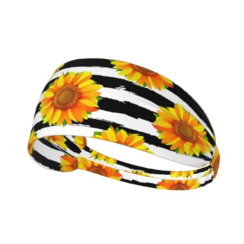 Sport-Stirnband, elastische Stirnbänder, Schweißbänder, Haarband für Fitnessstudio, Radfahren, Tennis,Sonnenblumen auf schwarz-weiß gestreiftem Hintergrund von EgoMed