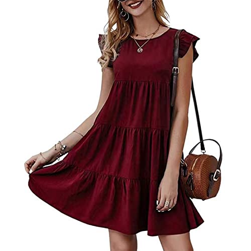 Ejoyous Sommerkleid Rundhals Einfarbig Rüschen Kurzarm Plisseekleid Rüschenärmel Kleid Rundhalskleid Plisseekleid Sommerkleid für Damen(XL-Weinrot) von Ejoyous