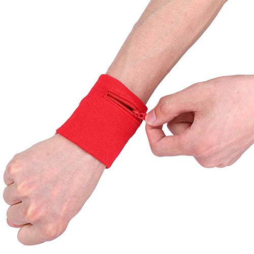 Handgelenk Beutel, Fitness Schweißband mit Reißverschluss Mini Wristband Handgelenktasche Armband Geldbörse mit Tasche, für Damen Herren Laufen Wandern Joggen (Rot) von Ejoyous