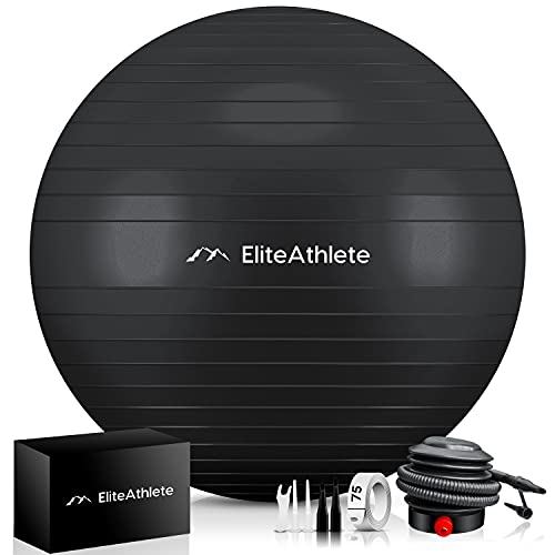 EliteAthlete Gymnastikball Sitzball Büro ergonomisch mit Anti Burst System - Fitness Pilates Schwangerschaft - Schwangerschaftsball Fitnessball Yogaball - Yoga Ball 75 cm inkl. Luftpumpe von EliteAthlete