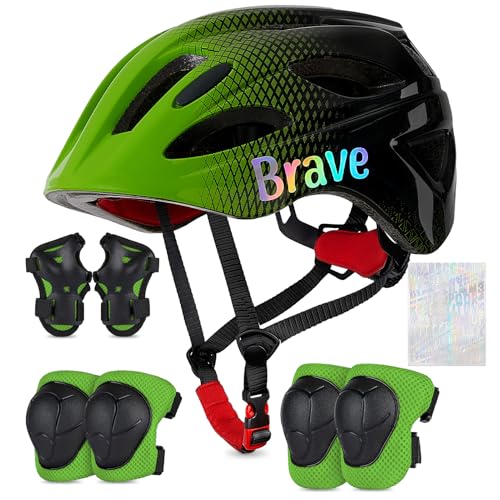 EllaSeek Kinder Fahrradhelm Knieschoner Protektoren Set Ellenbogenschützer Handgelenkschoner für 3-8 Jahre Mädchen Helm Skaterhelm mit DIY Aufklebern Für Jungen Skates Rollschuhe Skateboard Fahrrad von EllaSeek