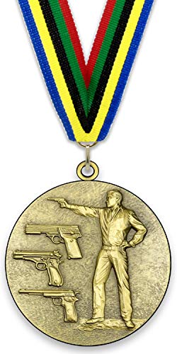 Emblemarket – Anpassbare Metallmedaille – Pistolenschießen – Gold Farbe – 6,4 cm – Auswahl an Bändern enthalten von Emblemarket