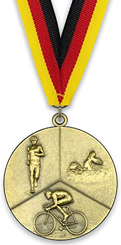 Emblemarket – Anpassbare Metallmedaille – Triathlon – Gold Farbe – 6,4 cm – Auswahl an Bändern enthalten von Emblemarket
