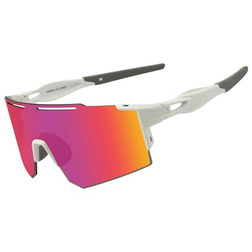 Eninedeuisou Sonnenbrille Fahrradbrille für Herren Damen UV 400 Schutz Schutzbrille MTB Sportbrille für Outdoorsport Radfahren Fahren Laufen Golf Baseball (Weiß Rot) von Eninedeuisou