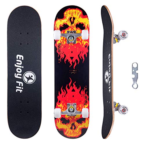 EnjoyFit Skateboard Komplettboard 80 x 20 cm mit ABEC-7 Kugellager 9-lagigem Ahornholz für Kinder Jungendliche und Erwachsene, Belastung 150kg (Feuer) von Enjoy Fit