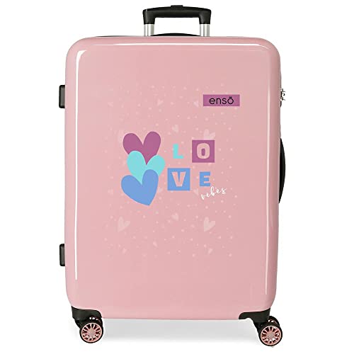 Enso Love Vibes Koffer, mittelgroß, Rosa, 48 x 68 x 26 cm, Hartplastik, seitlicher Kombinationsverschluss, 70 l, 3 kg, 4 Räder von Enso