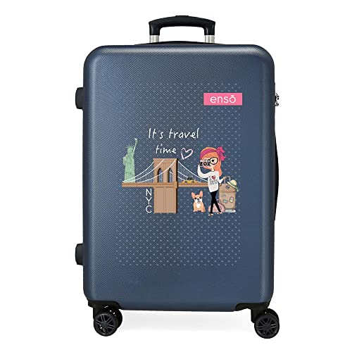 Enso Travel Time Koffer, mittelgroß, Blau, 46 x 65 x 23 cm, Hartplastik, seitlicher Kombinationsverschluss, 56 l, 3 kg, 4 Räder von Enso