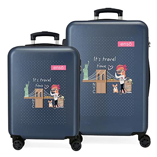 Enso Travel Time Koffer-Set, blau, 55/65 cm, starr, ABS-Kombinationsverschluss, seitlich, 91 l, 6 kg, 4 Räder, Handgepäck von Enso
