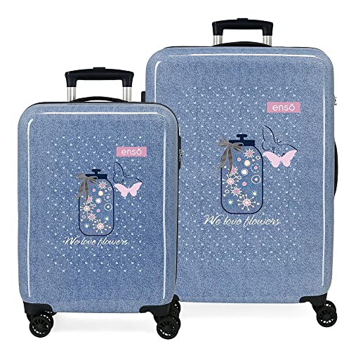Enso We Love Flowers Koffer-Set, blau, 55/68 cm, starr, ABS-Kombinationsverschluss, seitlich, 104 l, 6 kg, 4 Räder von Enso
