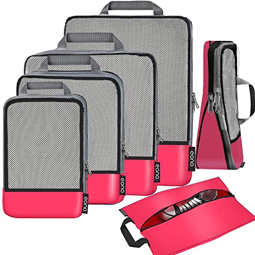 Eono Komprimierbaren Packwürfeln zur Organisation Ihres Reisegepäcks, Compression Packing Cube, Packtaschen Set & Gepäck Organizer für Rucksack & Koffer - Fuchsie, 6-teilig von Eono
