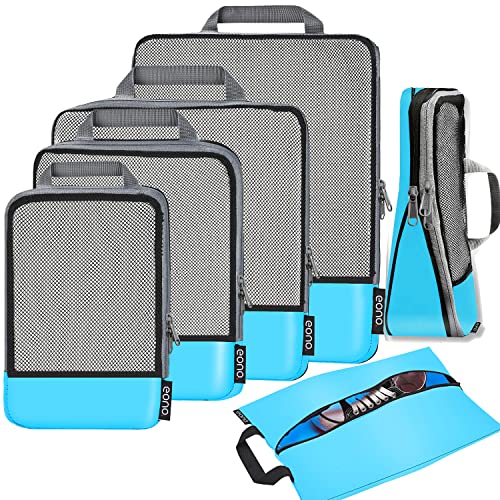 Eono Komprimierbaren Packwürfeln zur Organisation Ihres Reisegepäcks, Compression Packing Cube, Packtaschen Set und Gepäck Organizer für Rucksack und Koffer - Blau, 6-teilig von Eono