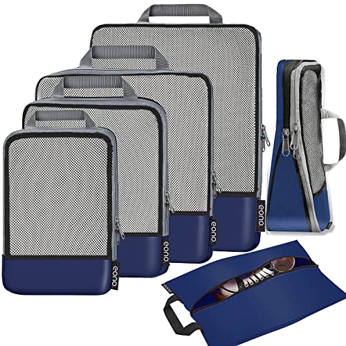 Eono Komprimierbaren Packwürfeln zur Organisation Ihres Reisegepäcks, Compression Packing Cube, Packtaschen Set & Gepäck Organizer für Rucksack & Koffer - Navy, 6-teilig von Eono