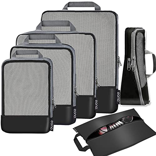 Eono Komprimierbaren Packwürfeln zur Organisation Ihres Reisegepäcks, Compression Packing Cube, Packtaschen Set & Gepäck Organizer für Rucksack & Koffer - Schwarz, 6-teilig von Eono