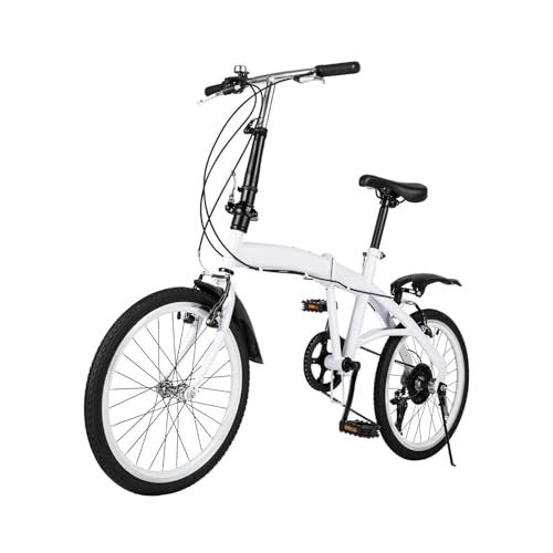 Klappfahrrad Erwachsene 20 Zoll 6-Gang, Weiß City-Bike Verstellbare Sitze Folding Camping Bicycle Antirutschreifen Carbonstahl Klapprad Erwachsene von Estabeter