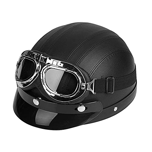 Motorrad-Halb offener Helm, Scooter Schutz Shell Offen Helm Motorradhelm Leder Offener Helm mit Visier Schutzbrillen, 54-60cm (Schwarz) von Estink