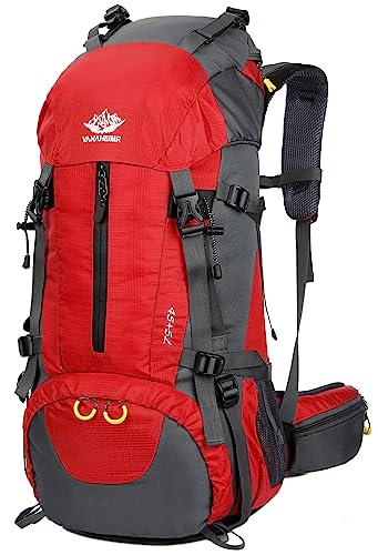 Esup Wanderrucksack, 50 l, Mehrzweck-Rucksack mit Regenschutz, 45 l + 5 l, für Reisen, Camping, Klettern, Skifahren, Outdoor-Sport, Red-50L von Esup