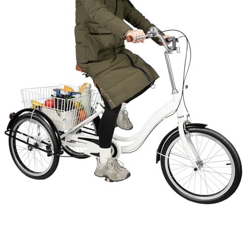 EurHomePlus 20 Zoll Erwachsene Dreirad Weiß Single Gang Dreirad mit Einkaufskorb, Verstellbarer Lenker und Sattel, City-Dreirad für sportliche Einkäufe im Freien von EurHomePlus