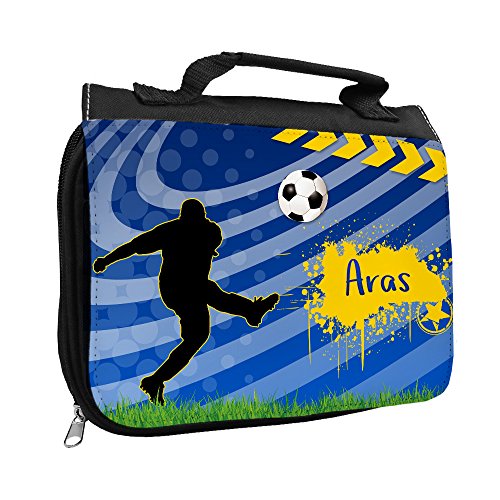 Kulturbeutel mit Namen Aras und Fußball-Motiv für Jungen | Kulturtasche mit Vornamen | Waschtasche für Kinder von Eurofoto
