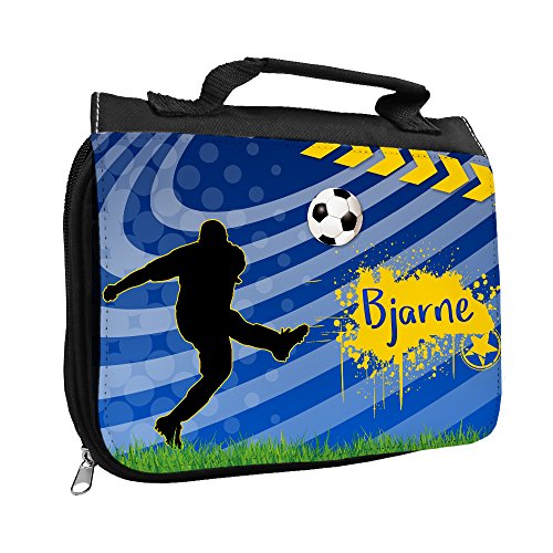 Kulturbeutel mit Namen Bjarne und Fußball-Motiv für Jungen | Kulturtasche mit Vornamen | Waschtasche für Kinder von Eurofoto