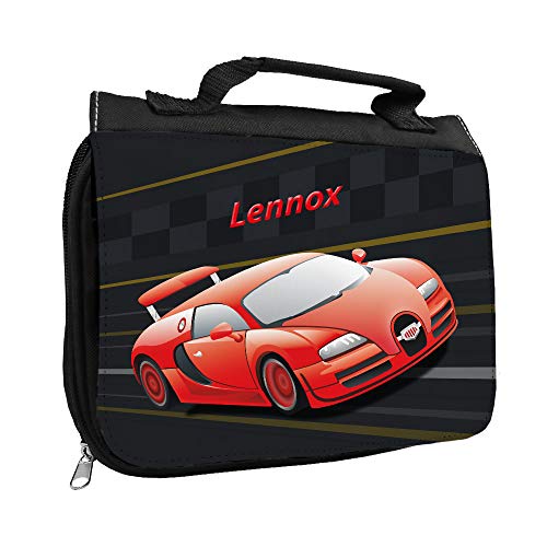 Kulturbeutel mit Namen Lennox und Racing-Motiv mit rotem Auto für Jungen | Kulturtasche mit Vornamen | Waschtasche für Kinder von Eurofoto