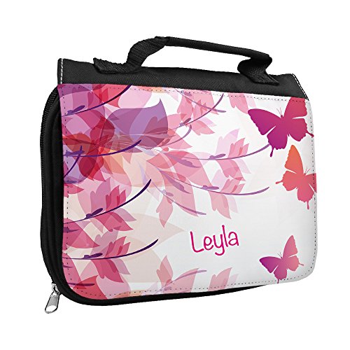 Kulturbeutel mit Namen Leyla und Motiv mit Schmetterlingen für Mädchen | Kulturtasche mit Vornamen | Waschtasche für Kinder von Eurofoto